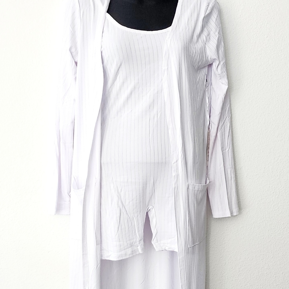 Ellie & kate White Romper Round Neck Sleeveless Ribbed & Long Cardigan W/Pockets - Picture 2 of 8
